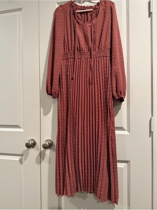 Merokeety Dresses & Skirts - Long Pleated Swiss Dot Maxi Dress in Dusty Rose